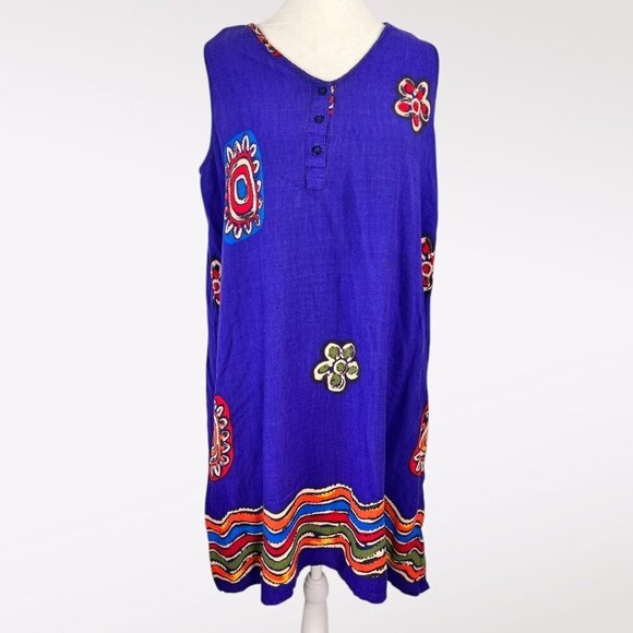 Vintage Boho Floral Embroidered Sleeveless Tunic Dress Medium - Picture 1 of 8